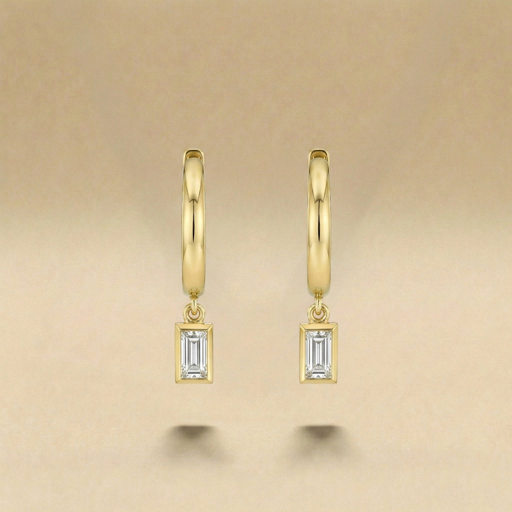 Emerald Cut Diamond Huggie Drop Earrings