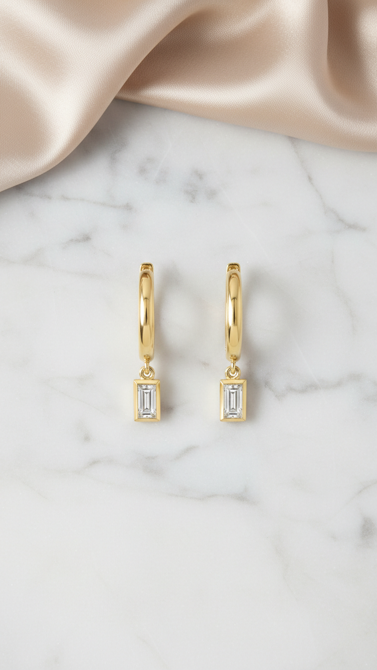 Emerald Cut Diamond Huggie Drop Earrings