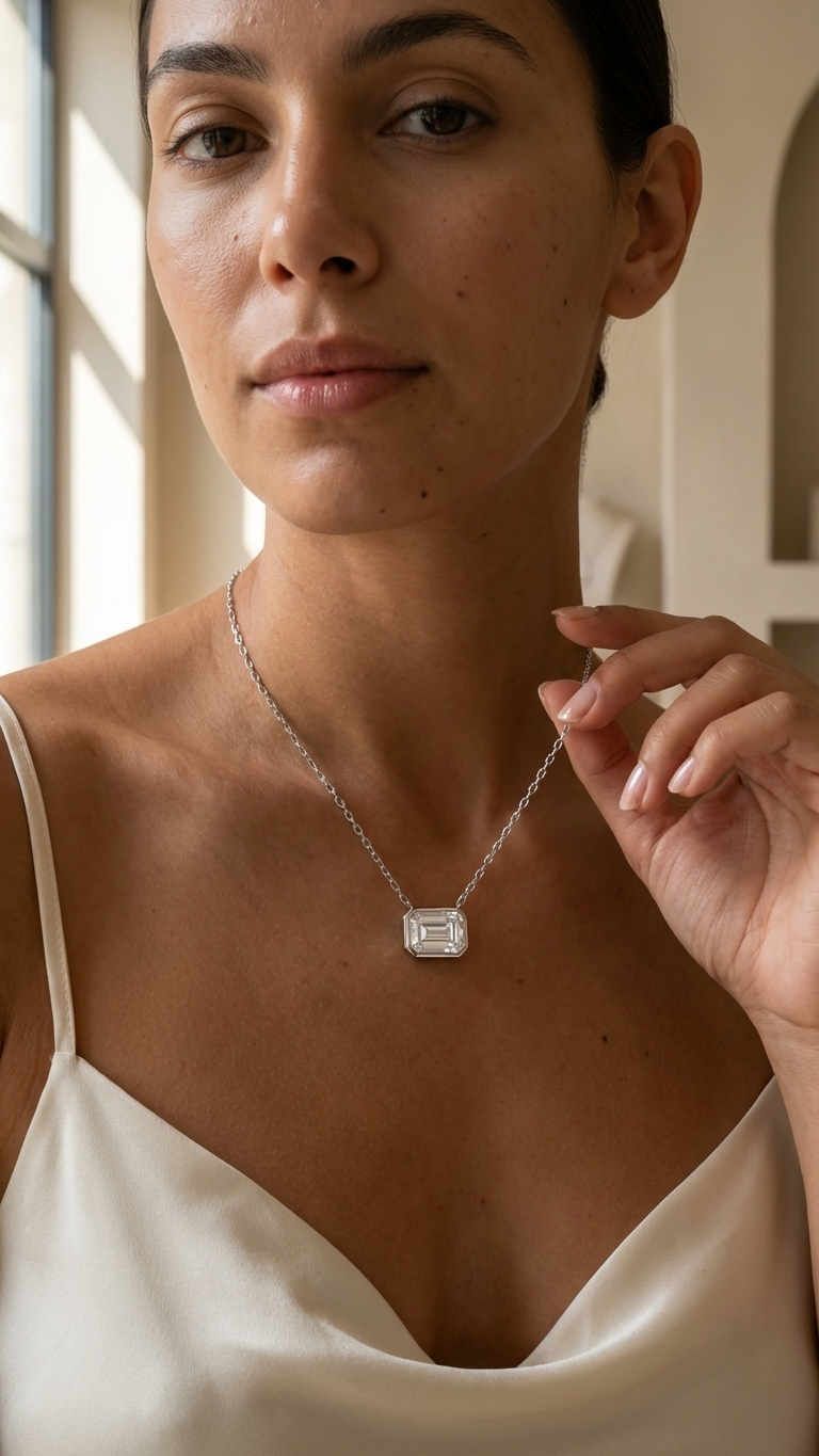 Emerald Cut Bezel Set Diamond Necklace
