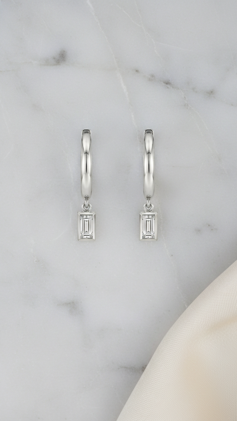 Emerald Cut Diamond Huggie Drop Earrings