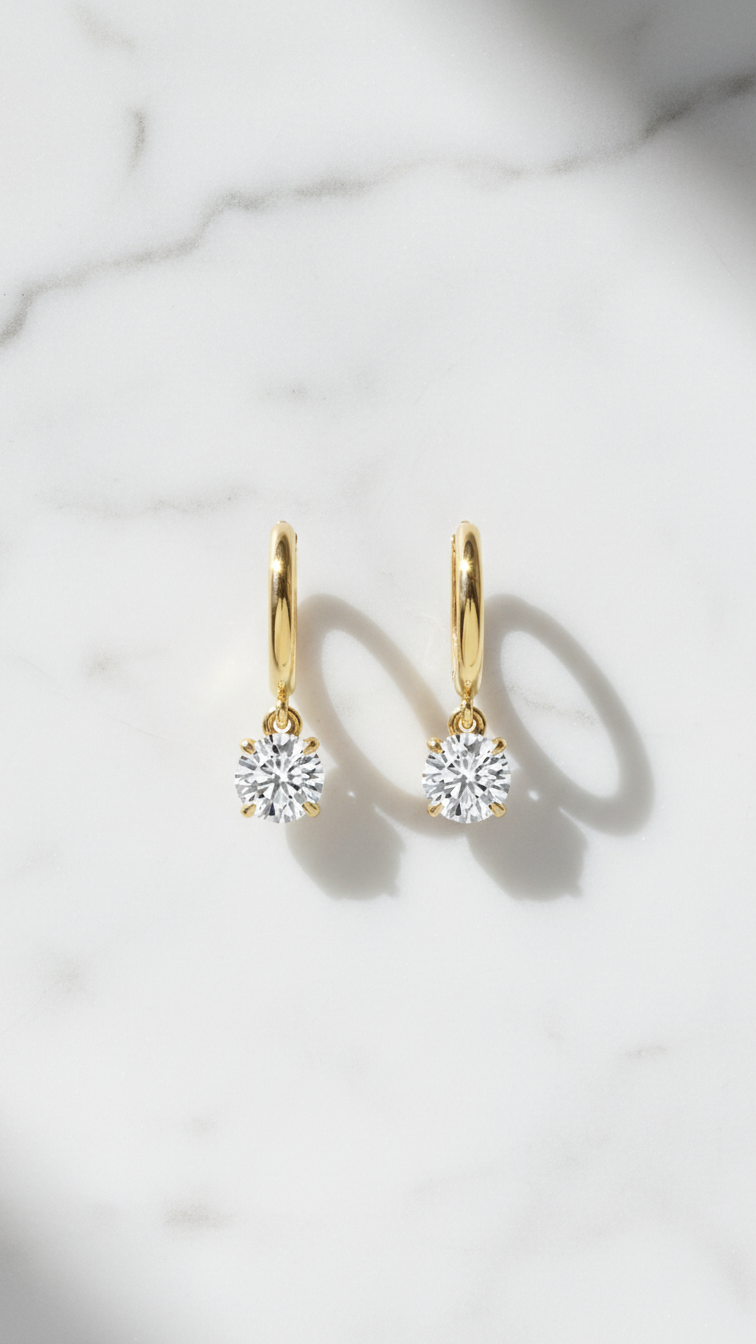 Round Cut Solitaire Diamond Huggie Drop Earrings