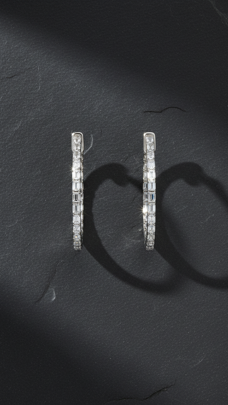 Emerald Cut Inside-Out Diamond Hoop Earrings